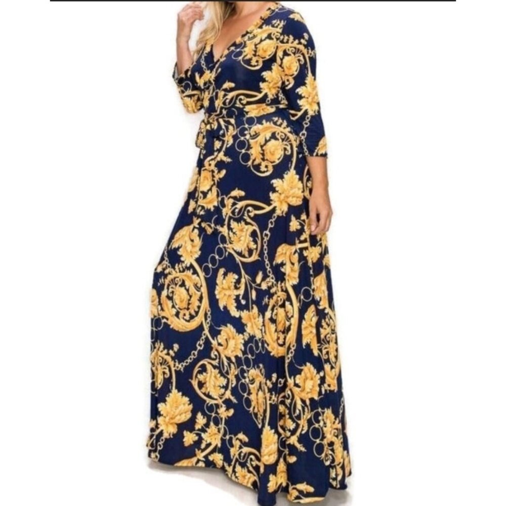 Janette Fashion Gold Floral and Chains Navy Faux Wrap Maxi Plus Size Dress